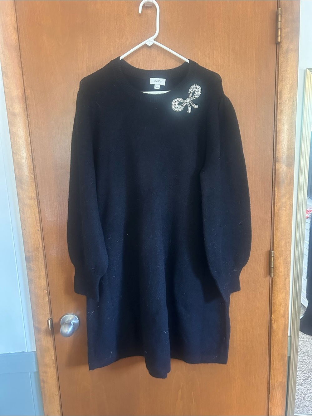 NWOT CeCe Black Long Sleeve Sweater Dress with Rhinestone Bow Accent